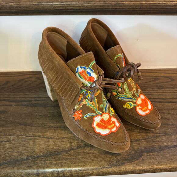 Tory Burch Huntington Beaded Embroidered Suede Fringe Bootie Size 7 EUC - Picture 1 of 8